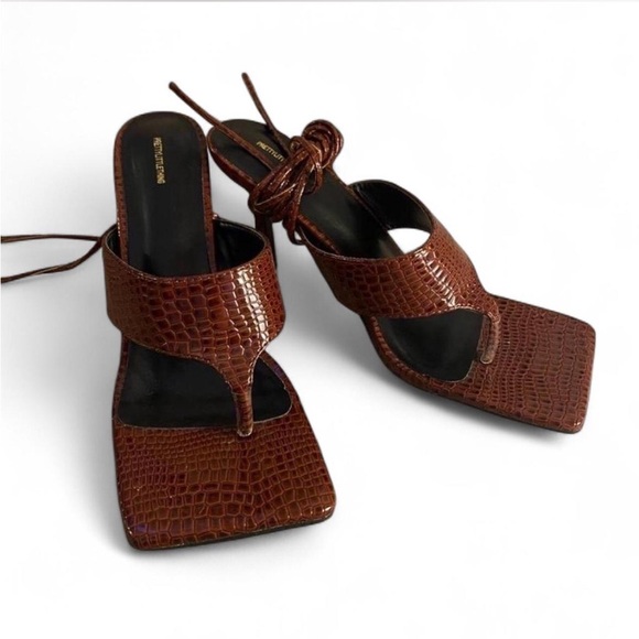 Faux Leather Strappy Thong Heels - Picture 2 of 6